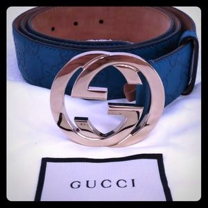 GUCCI Guccissima MONOGRAM BELT TEAL/GOLD GG BUCKLE